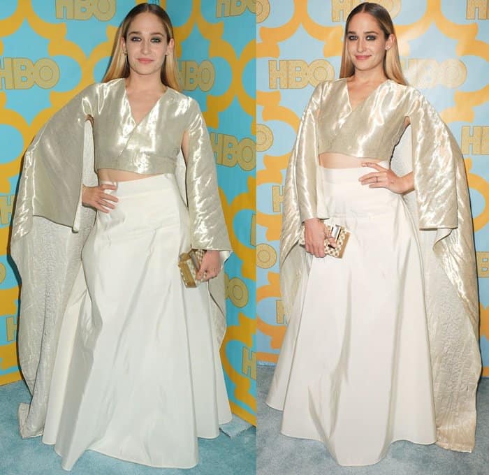 Jemima Kirke wearing a two-piece ensemble from the Rosie Assoulin Resort 2015 collection, featuring a metallic crop top and a voluminous white skirt, at the HBO Post Golden Globe Party 2015