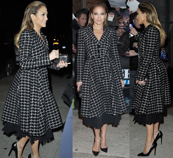 Jennifer Lopez wearing classic black patent Christian Louboutin "So Kate" pumps and a silver anklet