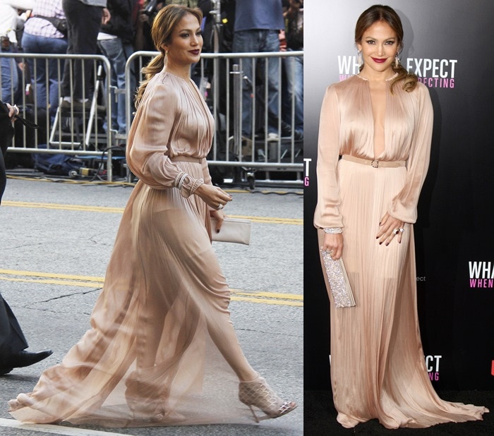 Jennifer Lopez 's nude long-sleeve Maria Lucia Hohan belted gown featuring an illusion panel