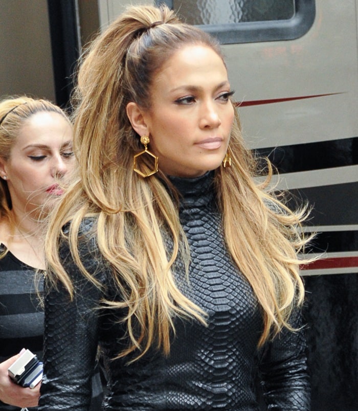 Jennifer Lopez's long-sleeve fitted snakeskin dress