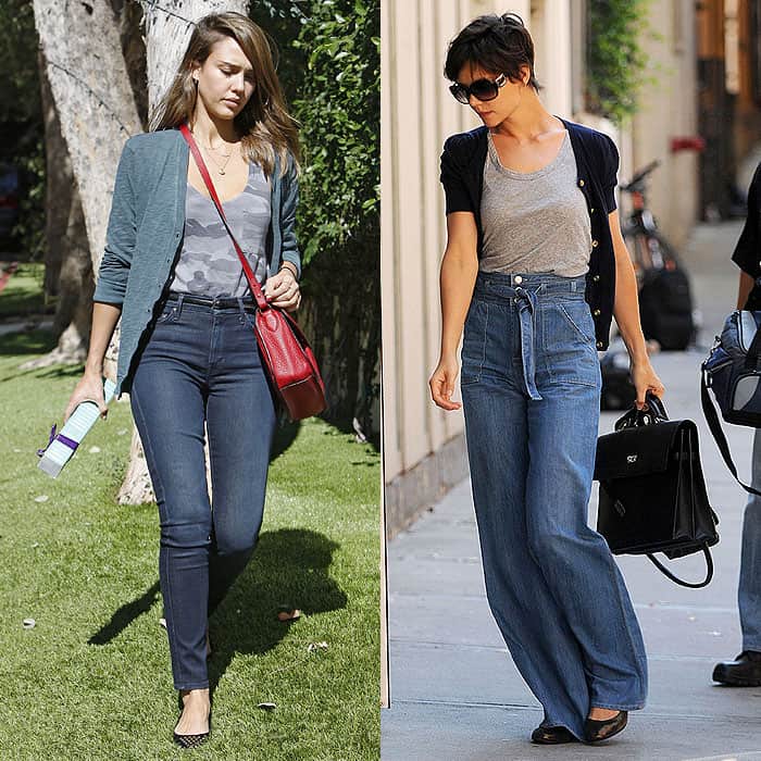 Jessica Alba and Katie Holmes accessorizing high-waist jeans with precision, showcasing how the right choices enhance the overall look
