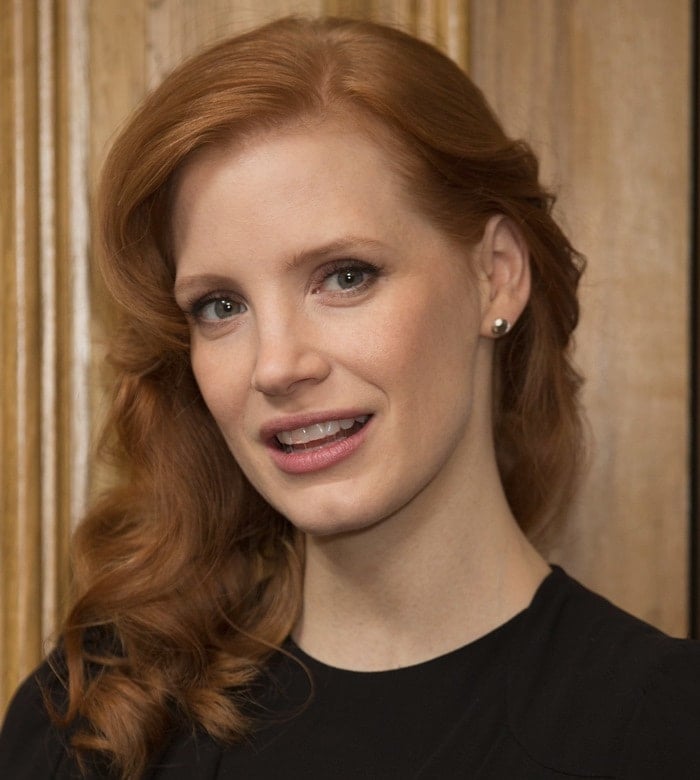 Jessica Chastain at a photocall for her latest film A Most Violent Year at The Soho Hotel in London on January 20, 2015