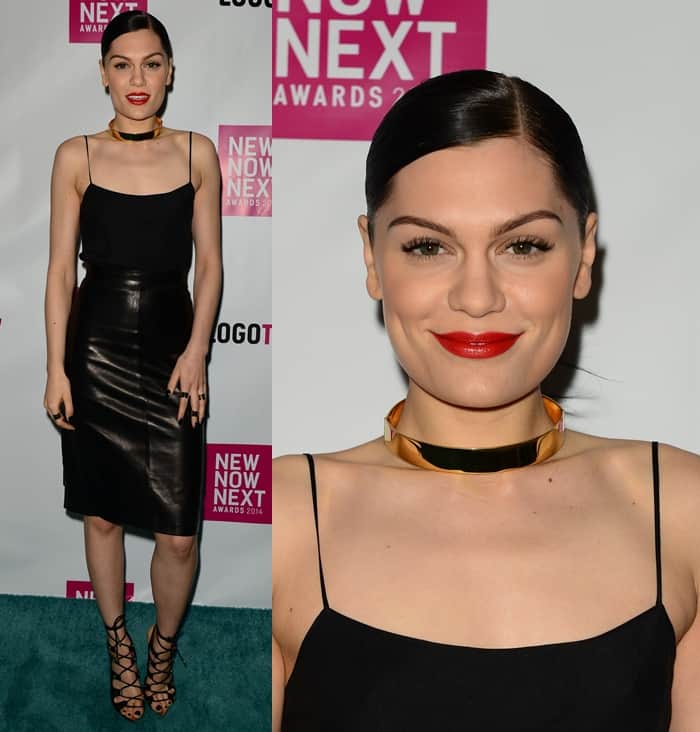 Jessie J wears a gold choker with a black leather pencil skirt and a matching top