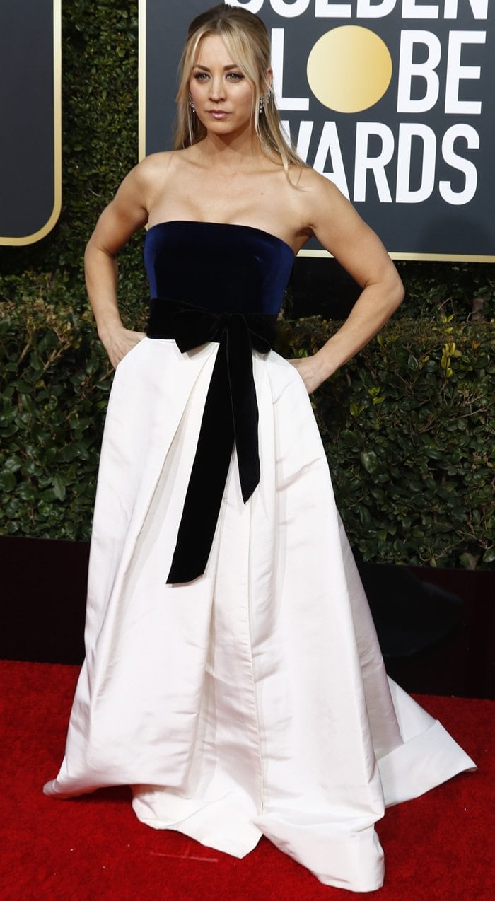 Kaley Cuoco in a strapless Monique Lhuillier gown at the 2019 Golden Globe Awards at the Beverly Hilton Hotel in Beverly Hills, California, on January 6, 2019