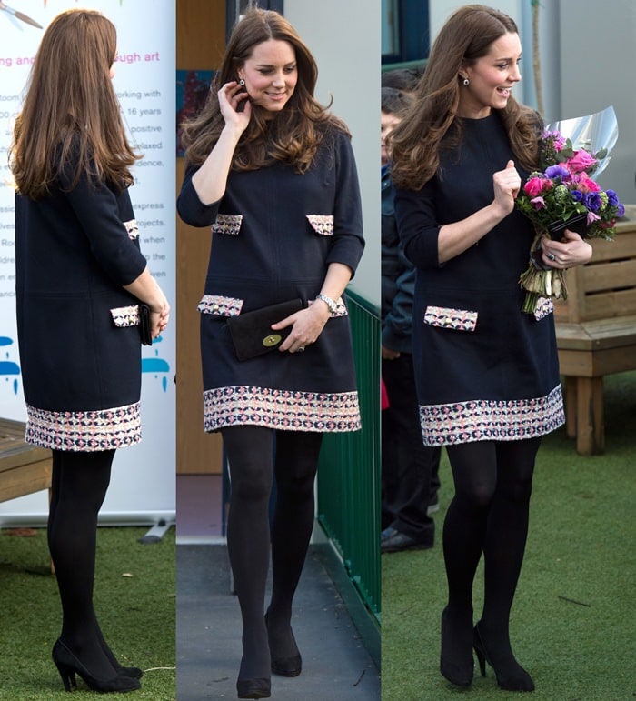 Kate Middleton styled in Madderson London dress, Episode Angel black pumps, a Mulberry Bayswater bag, and Cartier watch