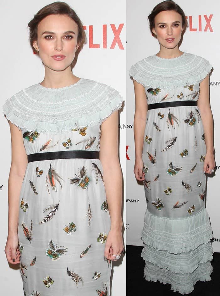Keira Knightley wears a custom Chanel butterfly-print gown based on a look from the Pre-Fall 2015 collection at the 2015 Weinstein Company and Netflix Golden Globes After Party