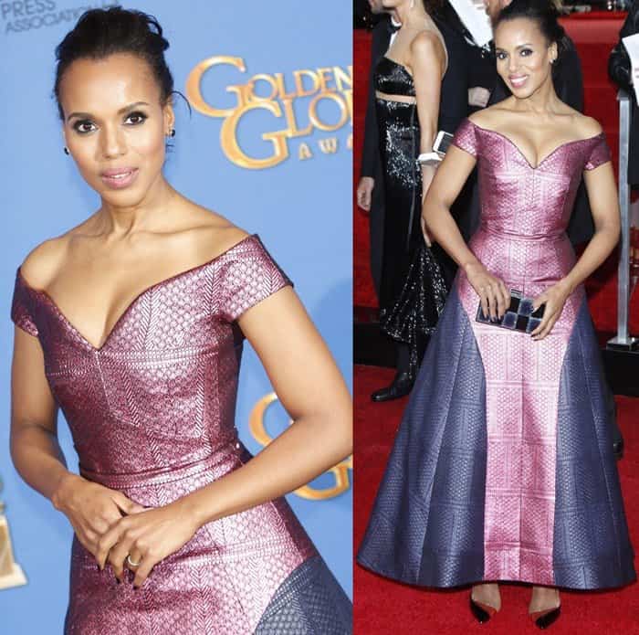 Kerry Washington wears an off-the-shoulder pink and purple gown from Mary Katrantzou’s Pre-Fall 2015 collection, styled with Christian Louboutin shoes, a Judith Leiber clutch, and Neil Lane jewelry, at the 72nd Annual Golden Globe Awards