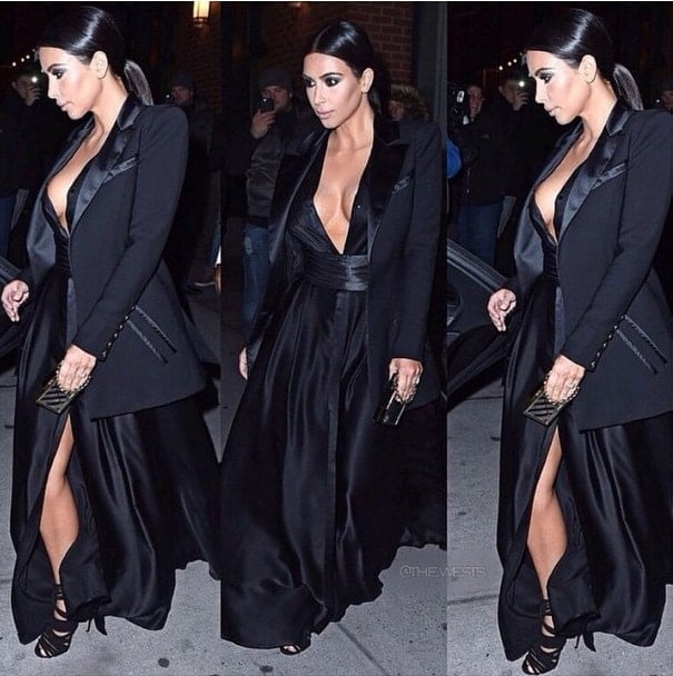 Outfit shared by Kim Kardashian with the caption 'Love my look last night! #Balmain #KanyeWestShoes'. She was spotted arriving at John Legend's birthday party at the Catch restaurant in New York City on January 8, 2015