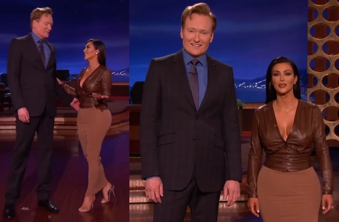 Kim Kardashian guests Conan O'Brien's show to give the comedian a sneak-peek of her new commercial