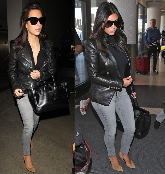 Kim Kardashian flaunts her sleek fashion sense at LAX, wearing grey skinny jeans with a black leather jacket, oversized sunglasses, and nude heels