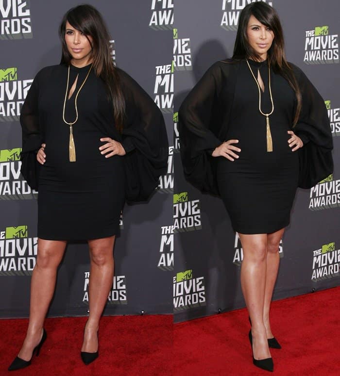 Kim Kardashian showcased her flattering figure in an alluring black dress as she strolled down the red carpet at the 2013 MTV Movie Awards