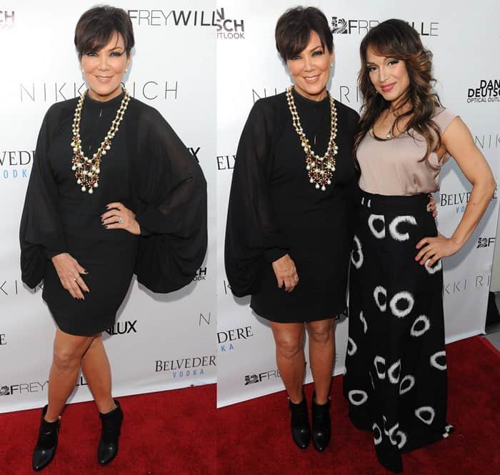 Kris Jenner stuns in a chic black Saint Laurent dress paired with a bold statement necklace and ankle booties, while Mayte Garcia complements the look with a flowy printed skirt and neutral top at the Genlux Summer Issue Release Party hosted by Brooke Burke Charvet at the Luxe Rodeo Drive Hotel in Los Angeles on June 28, 2013