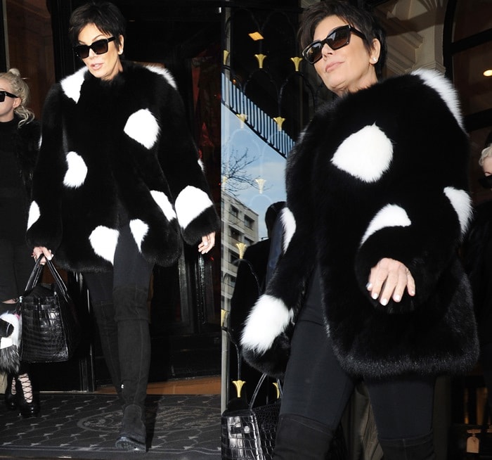 Kris Jenner wears a black and white fox fur coat