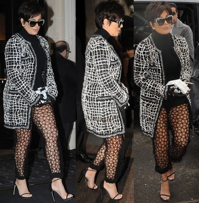 Kris Jenner accessorized with dazzling diamond earrings and Chanel sunglasses