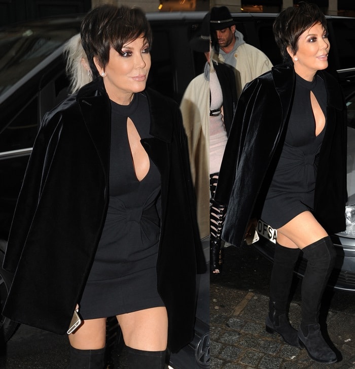 Kris Jenner in a sexy bow detailed cocktail mini dress and thigh-high boots