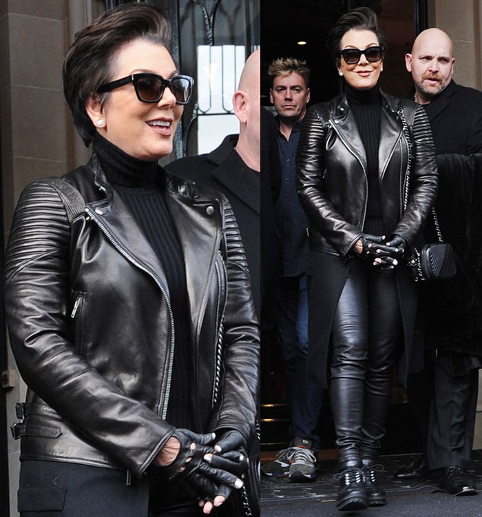 Kris Jenner in a leather jacket paired with leather pants and gloves