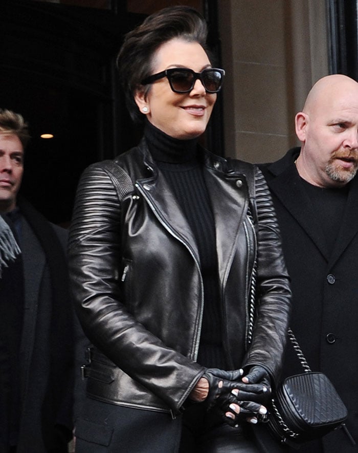 Kris Jenner in a head-to-toe leather outfit leaving her hotel in Paris