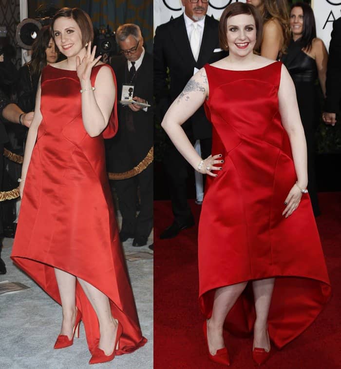 Lena Dunham in a red satin high-low gown from the Zac Posen Spring 2015 collection featuring a draped back