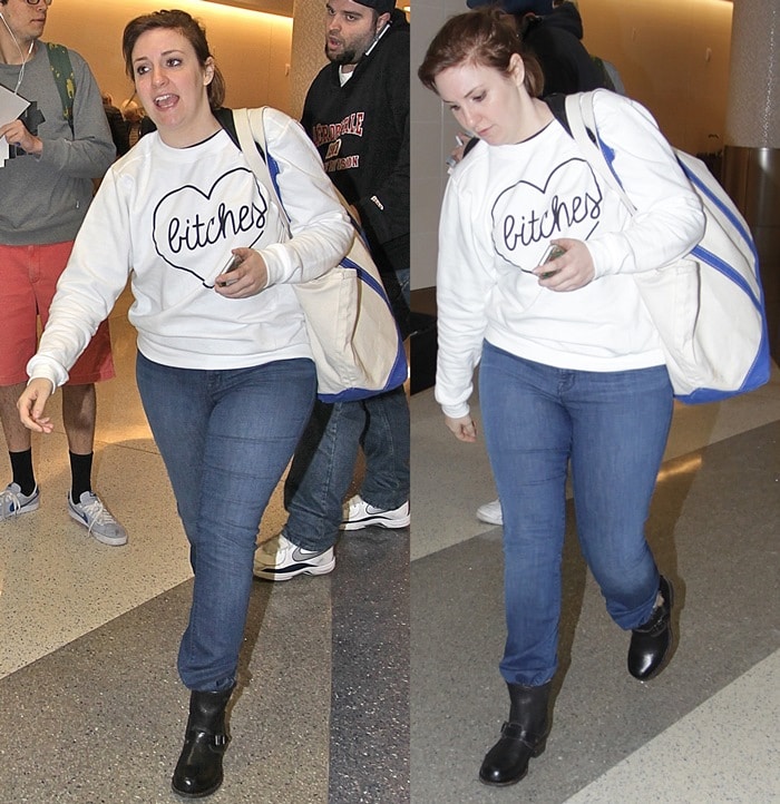Lena Dunham in tight jeans and ankle boots at Los Angeles International Airport
