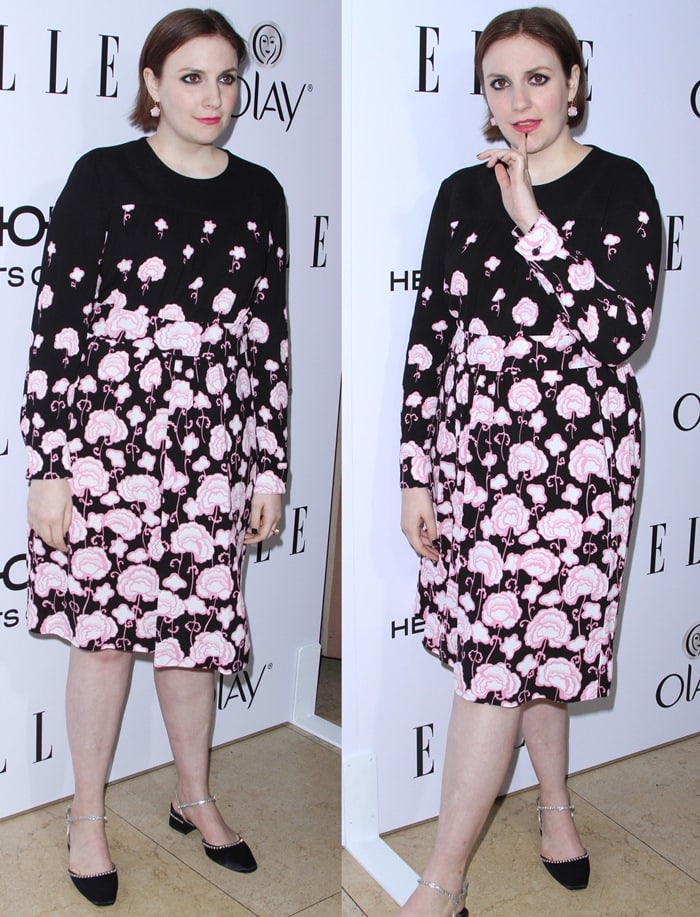 Lena Dunham styled her black-and-pink floral Prada dress with navy satin Prada pumps featuring crystal ankle straps for a playful yet polished red carpet look