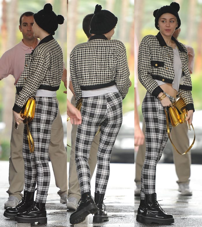 Miley Cyrus in block check denim leggings and boots from Agyness Deyn For Dr. Martens