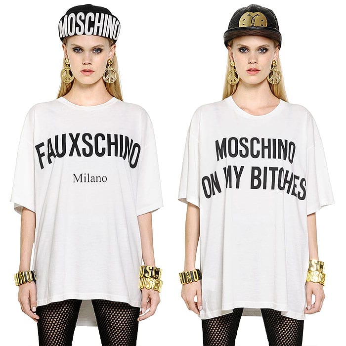 Moschino "Fauxschino" Oversized T-Shirt, $295 / Moschino "On My Bitches" Oversized T-Shirt, $295