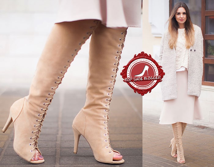 Nika rocks nude over-the-knee lace-up boots