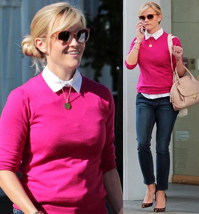 Reese Witherspoon wearing leopard shoes with skinny jeans in Brentwood, Los Angeles, on January 23, 2015