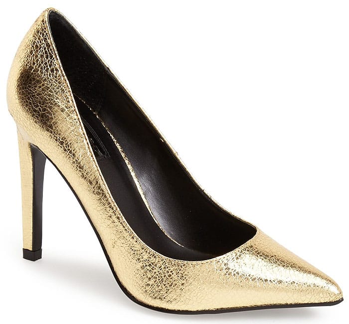 A flashy metallic finish provides a glamorous update for a quintessential court shoe