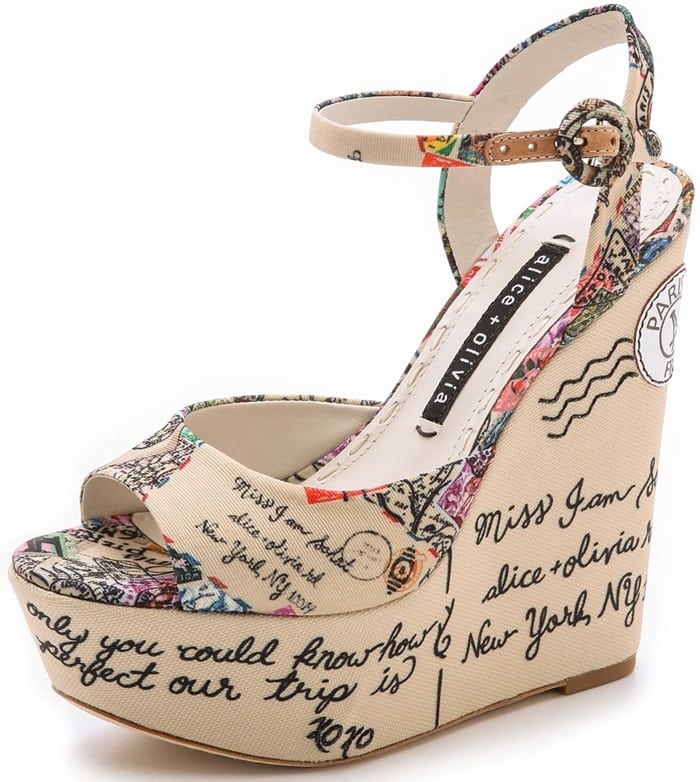 A cheery travel theme lends a playful feel to casual canvas wedge sandals