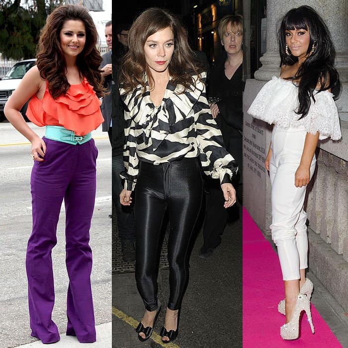 Cheryl Cole, Anna Friel, and Chelsee Healey demonstrating how blousy tops can overwhelm high-waisted pants, leading to a disproportionate look