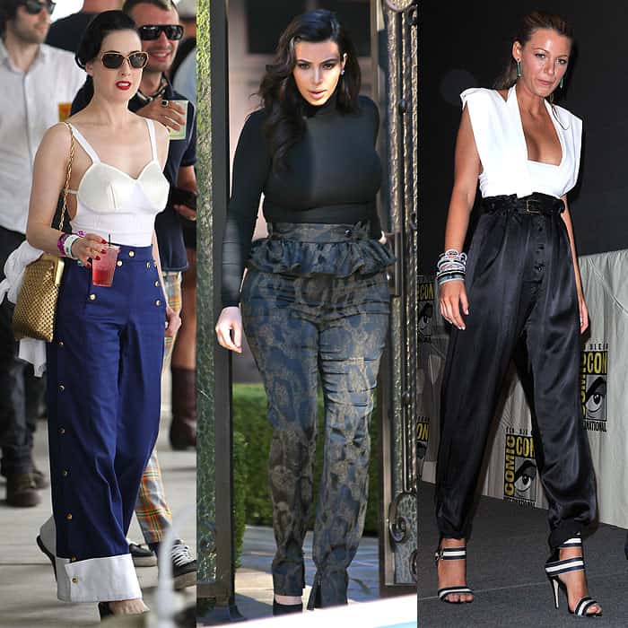 Dita Von Teese, Kim Kardashian, and Blake Lively in high-waisted pants with embellishments, demonstrating the excess that can overshadow simplicity