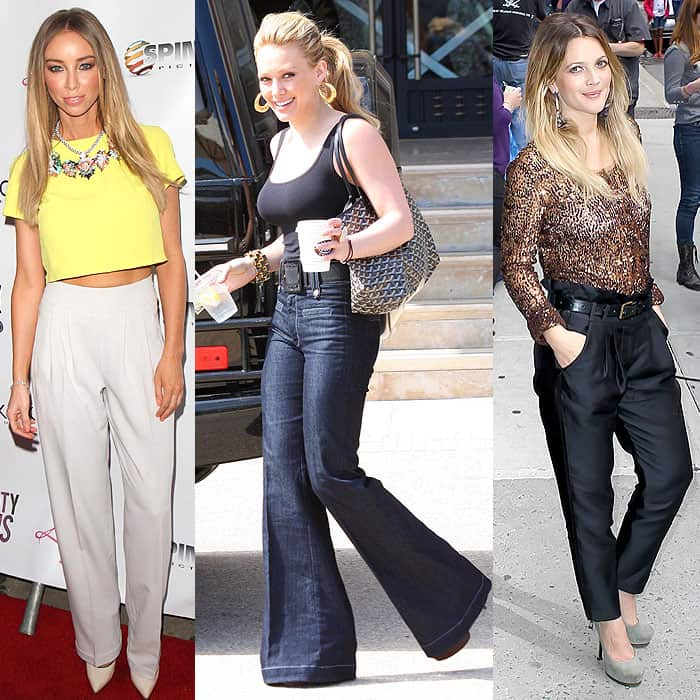 Lauren Pope, Hilary Duff, and Drew Barrymore in sleek, streamlined high-waisted pants, each style honing in on balance and elegance