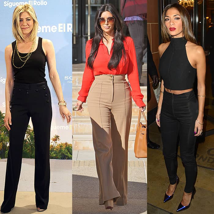 Jennifer Aniston, Kim Kardashian, and Nicole Scherzinger in high-waist pants with ideal hem lengths, creating an elongated and elegant appearance