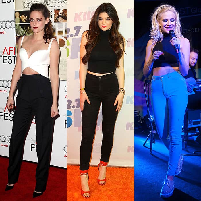 Kristen Stewart, Kylie Jenner, and Pixie Lott pairing crop tops with high-waist pants, striking a balance between covered and chic