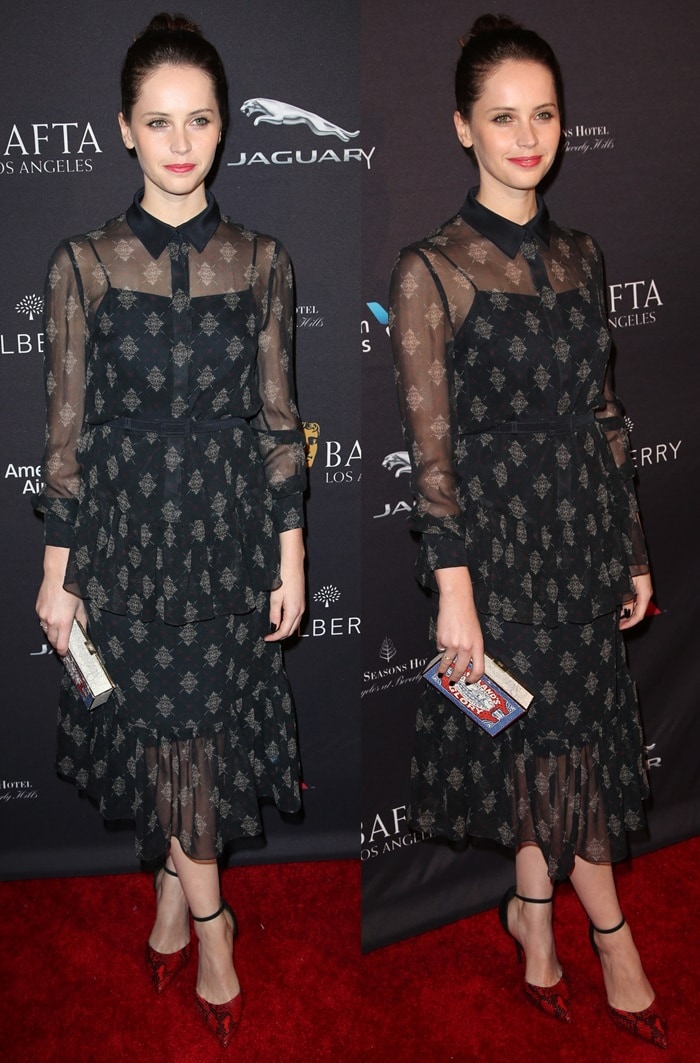 Felicity Jones flashes her toned legs in a feminine Erdem dress