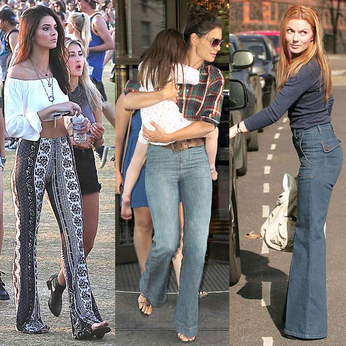 Kendall Jenner, Katie Holmes, and Geri Halliwell embracing the retro chic of flared high-waisted jeans, each adding their unique flair