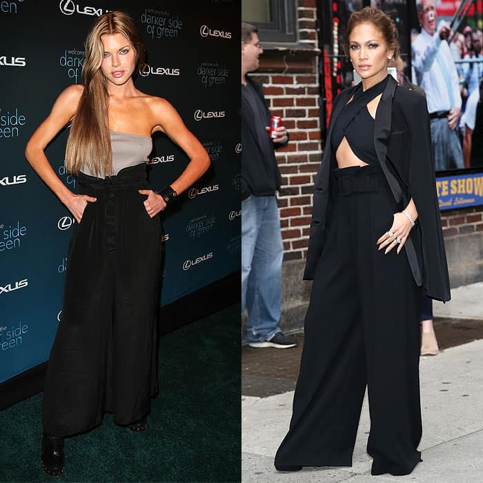 Sophie Monk and Jennifer Lopez in overly flowy high-waist pants, a visual reminder of the importance of proportion and fit