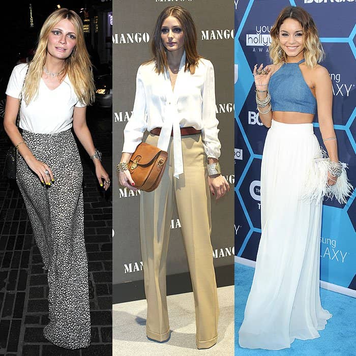 Mischa Barton, Olivia Palermo, and Vanessa Hudgens in flowy high-waist pants, each radiating a distinct blend of elegance and ease