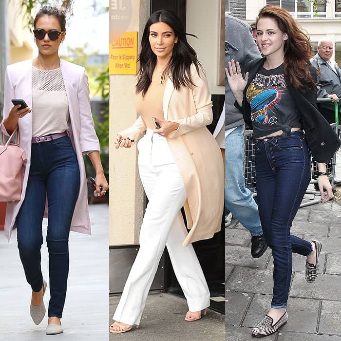 Jessica Alba and Kim Kardashian elegantly pairing long jackets with high-waisted pants, while Kristen Stewart opts for a regular-length jacket, maintaining a tucked-in top for balance