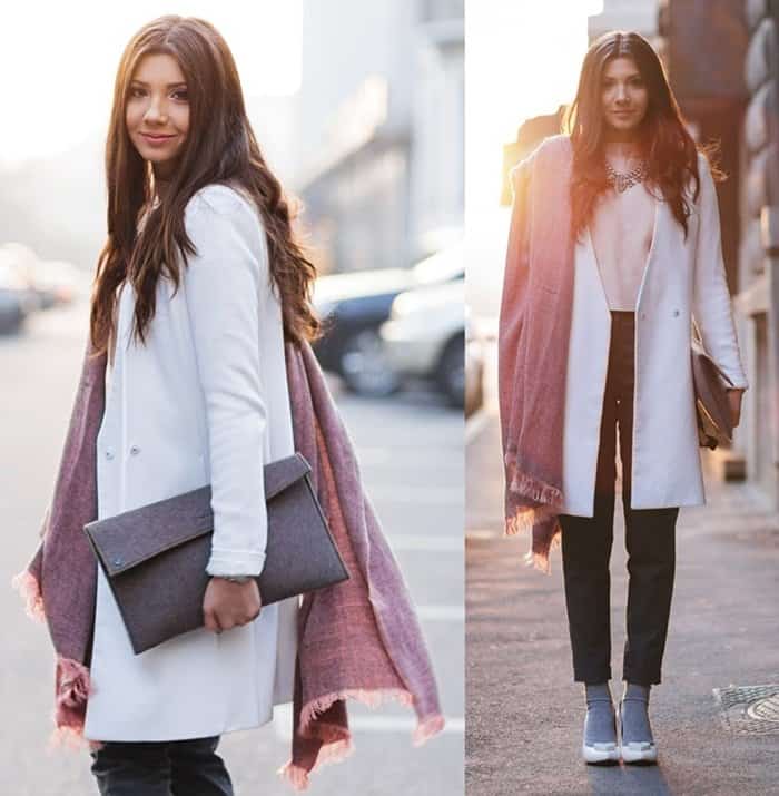 Larisa incorporates pastels into her winter style
