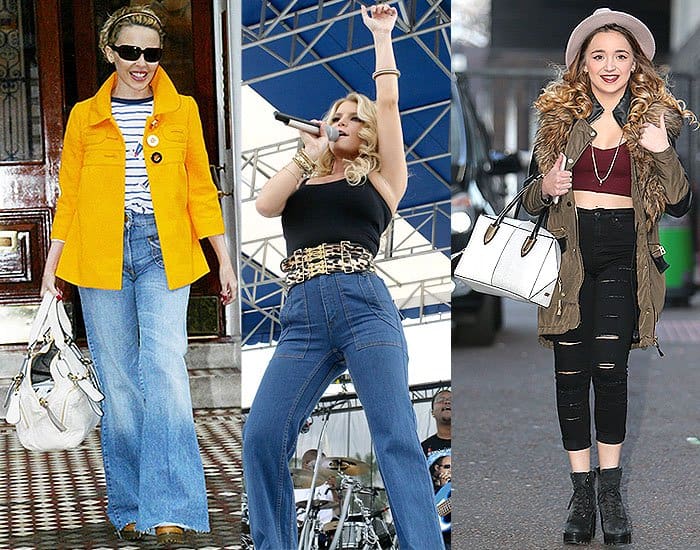 Kylie Minogue, Jessica Simpson, and Lauren Platt over-accessorized in high-waist jeans, a clear example of how too much can detract from the style