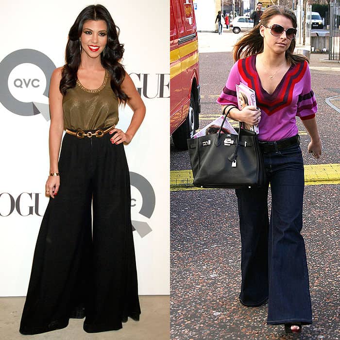 Kourtney Kardashian and Coleen McLoughlin in exaggerated flares, a cautionary example of overdoing the flared high-waist pants style