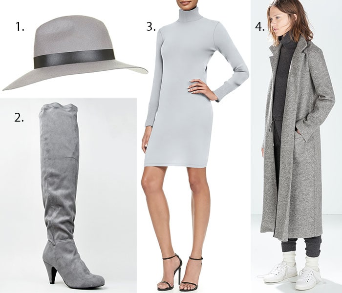 Topshop Wide-Brim Fedora / Qupid "Method" Boots / Cashmere Long-Sleeve Turtleneck Dress / Zara Extra Long Coat