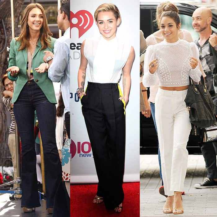 Jessica Alba, Miley Cyrus, and Vanessa Hudgens in perfectly tailored high-waist pants, highlighting the importance of fit in fashion