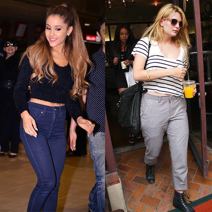 Ariana Grande and Mischa Barton illustrating the issues with too-tight or too-loose high-waisted pants, from camel toes to shapeless silhouettes