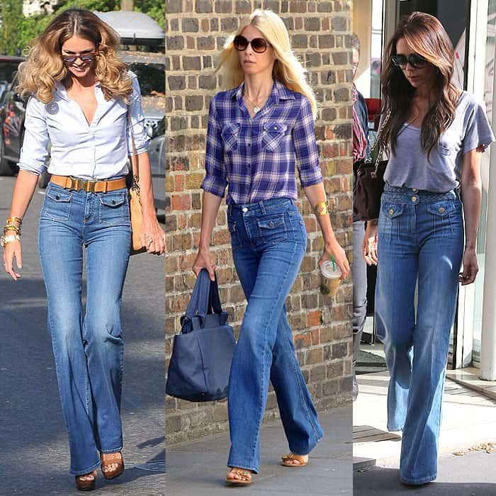 Elle MacPherson, Claudia Schiffer, and Victoria Beckham showcasing tucked-in tops with high-waist jeans, each radiating effortless style and sophistication
