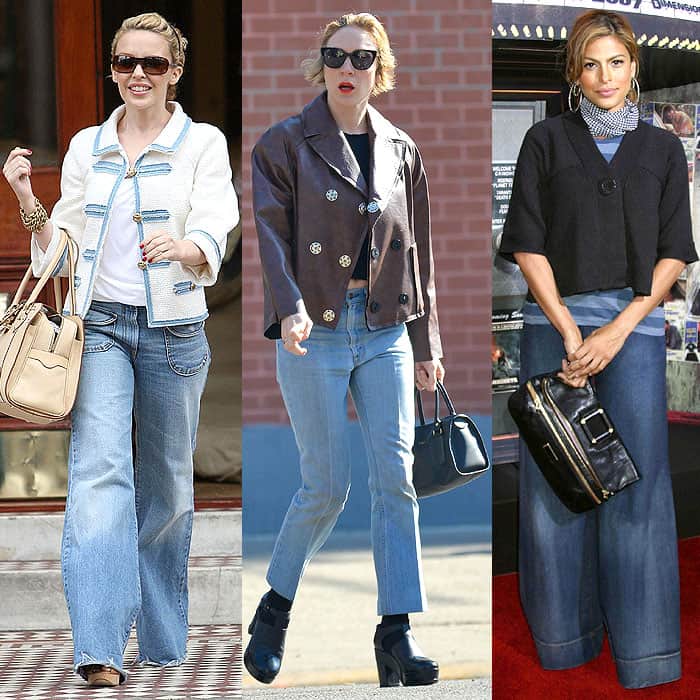 Kylie Minogue, Chloë Sevigny, and Eva Mendes show how short jackets can clash with high-waisted styles, disrupting the desired hourglass silhouette
