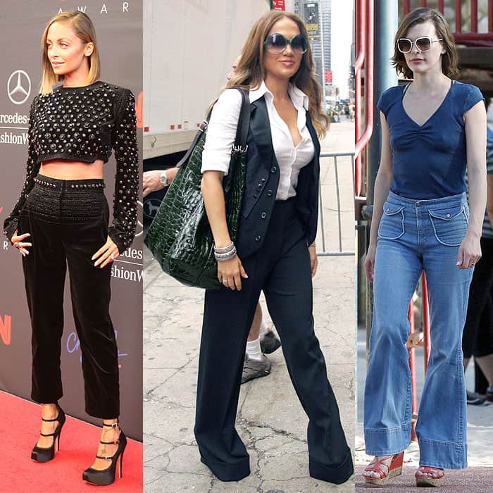 Nicole Richie, Milla Jovovich, and Jennifer Lopez displaying the pitfalls of incorrect pant lengths, from awkwardly short to excessively long