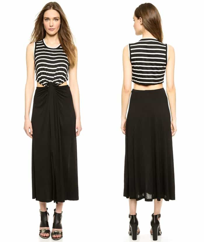 A twisted knot links the cropped, striped bodice to the draped skirt on this lightweight jersey black and white dress